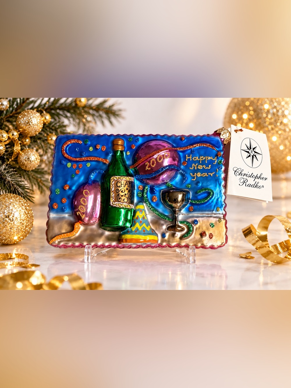Christopher Radko 2000 Happy New Year Postcard Glass Ornament 5” w/ Tag